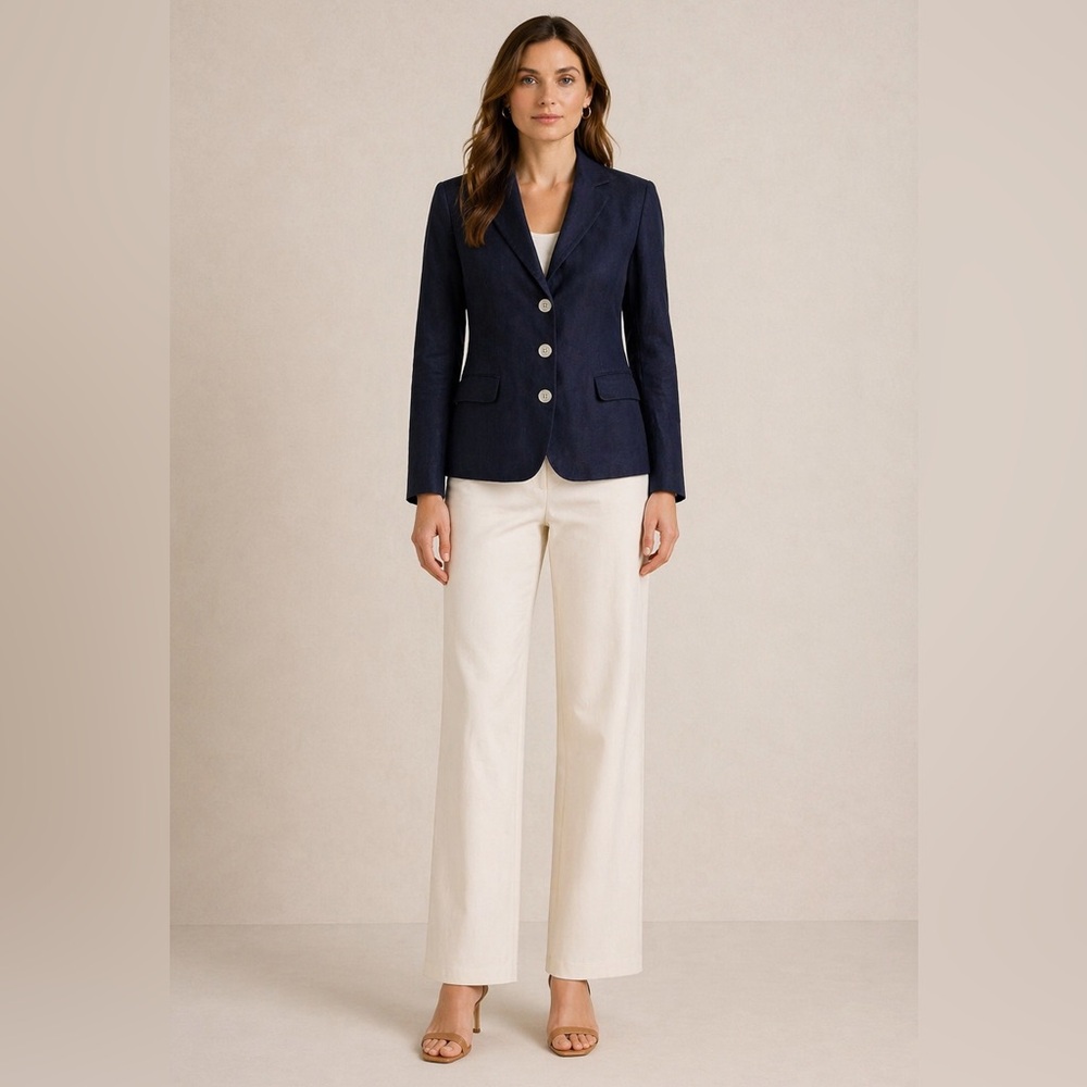 Navy Lauren Ralph Lauren 100% Linen Blazer Womens 8